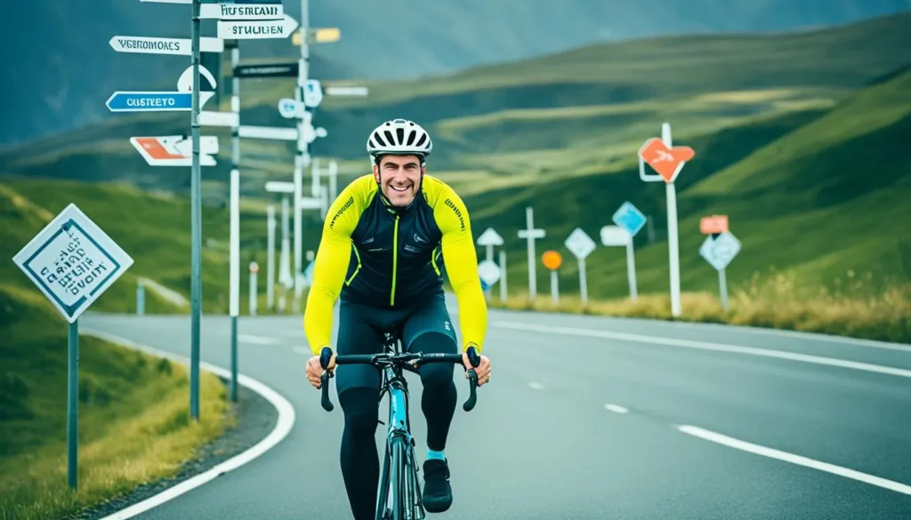 A person riding a bicycle on a road with signposts along the way representing different keywords.